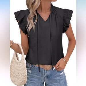NWT SHEWIN Black Summer Top V Neck Short Flutter Sleeve Blouse, Size XL
